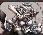  bow braid breasts colorized crazy_eyes gloves izayoi_sakuya large_breasts maid maid_headdress matsutake_umeo panties pantyshot red_eyes ribbon short_hair silver_hair skirt solo thighhighs touhou underwear uousa-ou wrist_cuffs 