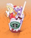  bad_id bad_pixiv_id blonde_hair commentary cup fang flandre_scarlet hat in_container in_cup kurokuro long_hair minigirl multiple_girls patchouli_knowledge ponytail product_placement pun purple_eyes purple_hair red_eyes short_hair side_ponytail starbucks touhou wings 