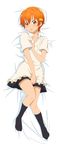  bad_id bad_pixiv_id blush dakimakura full_body hair_ornament hairclip inami_mahiru kero_(kero_sawa) long_legs lying orange_eyes orange_hair short_hair solo waitress working!! 