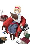  alice_margatroid blonde_hair blue_eyes book boots doll from_above full_body hairband looking_at_viewer nabeshima_tetsuhiro reading shanghai_doll short_hair simple_background sitting solo touhou typewriter 