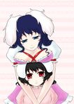  animal_ears bad_id bad_pixiv_id black_hair blue_eyes breast_rest breasts breasts_on_head bunny_ears cleavage inaba_tewi large_breasts red_eyes short_hair solo tora_tsugumi_(nue1114) touhou 