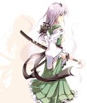  black_bow black_ribbon blue_eyes bow cosplay green_skirt hair_bow hakurei_reimu hakurei_reimu_(cosplay) highres hitodama ichirino_minagi katana konpaku_youmu konpaku_youmu_(ghost) long_hair looking_to_the_side ribbon ribbon-trimmed_sleeves ribbon_trim silver_hair skirt solo sword touhou weapon 