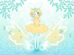  bird blonde_hair blue_eyes blush dress gloves hair_ornament hairclip kagamine_rin one_eye_closed smile solo soratobazu_(vocaloid) taki_(vocalfan) thighhighs vocaloid wings 