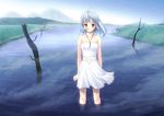  ahoge bare_shoulders blue_hair dress miyai_sen original red_eyes river short_hair skirt sleeveless sleeveless_dress solo wading water white_skirt wind 