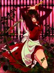  apron dress flower highres hitobashira_alice_(vocaloid) karakoro lips meiko one_eye_closed red_eyes red_hair rose short_hair solo sword vocaloid weapon 