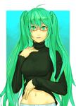  ahoge bespectacled glasses green_eyes green_hair hatsune_miku long_hair navel solo sweater turtleneck twintails very_long_hair vocaloid yuuji_(and) 