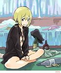  barefoot blonde_hair bottle clothes erica_hartmann grin hands_on_feet hat indian_style iron_cross md5_mismatch medal messy_room open_clothes open_shirt peg shirt short_hair sitting smile solo strike_witches world_witches_series 