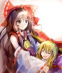  bad_id bad_pixiv_id baraen bare_shoulders blonde_hair blush bow brown_eyes brown_hair closed_eyes detached_sleeves gourd hair_bow hair_tubes hakurei_reimu horns ibuki_suika lap_pillow light_smile long_hair multiple_girls open_mouth sleeping touhou 