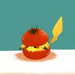  blush food gen_1_pokemon konanbo lowres no_humans pikachu pokemon pokemon_(creature) tail tomato 
