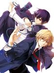  blonde_hair coat cuffs dino_(reborn) handcuffs hibari_kyouya katekyo_hitman_reborn! male_focus multiple_boys necktie omega_2-d purple_hair red_eyes smile yellow_eyes 