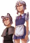  animal_ears bad_id bad_pixiv_id blood bow braid cowboy_shot expressionless face grey_hair hair_bow izayoi_sakuya jewelry kurione_(zassou) maid_headdress mouse_ears multiple_girls nazrin nosebleed pendant red_eyes short_hair silver_hair touhou twin_braids upper_body 