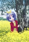  bad_id bad_pixiv_id field flower flower_field hair_ribbon highres hiiragi_tsukasa isou_nagi lucky_star open_mouth purple_hair revision ribbon short_hair solo tree 