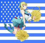  amami_amayu american_flag bare_shoulders blonde_hair blue_eyes boots cheerleader dress flag flag_background hairband heroman lina_davis long_hair pom_poms short_dress sidelocks skirt smile solo star wristband 