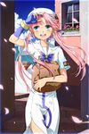  aria bad_id bad_pixiv_id bag carrying fingerless_gloves flower gloves green_eyes hair_tubes hat highres mizunashi_akari okitsune_(okitsune-sama) petals pink_hair short_hair_with_long_locks side_slit sidelocks solo uniform window 