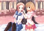  blonde_hair blue_eyes breasts brown_eyes chopsticks feeding fukuji_mihoko heterochromia kazekoshi_school_uniform kiyosumi_school_uniform large_breasts multiple_girls obentou pantyhose petals piaroo pleated_skirt red_hair saki school_uniform serafuku skirt takei_hisa tree 