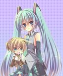  1girl aqua_hair bad_id bad_pixiv_id blonde_hair blue_eyes blush chibi detached_sleeves green_eyes hatsune_miku kagamine_len long_hair necktie reia skirt twintails vocaloid 