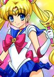  absurdres back_bow bishoujo_senshi_sailor_moon blonde_hair blue_eyes blue_sailor_collar blue_skirt bow choker crescent_moon double_bun elbow_gloves gloves highres holding holding_wand long_hair magical_girl moon moon_stick red_bow red_choker sailor sailor_collar sailor_moon sailor_senshi_uniform shoko-tan skirt solo sparkle tsukino_usagi twintails wand white_gloves 