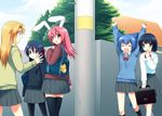  :3 animal_ears arms_up bag bunny_ears cat_ears cat_tail duffel_bag fang multiple_girls onka original pantyhose sakura_(usashiro_mani) school_bag school_uniform sweater tail tears thighhighs usashiro_mani waka_(mani) yawning zettai_ryouiki 