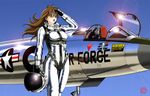  aircraft airplane america bad_id bad_pixiv_id brown_hair chuck_yeager f-104_starfighter geitassha genderswap genderswap_(mtf) gloves gradient gradient_background headwear_removed helmet helmet_removed jet lens_flare long_hair military original pilot_suit salute shiny signature solo spacesuit the_right_stuff 