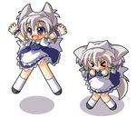  &gt;_&lt; animal_ears bad_id bad_pixiv_id blue_eyes bow braid chibi closed_eyes dog_ears dog_tail fang happy headdress inu_sakuya izayoi_sakuya jumping lowres maid maid_headdress open_mouth shinjitsu silver_hair tail touhou twin_braids 