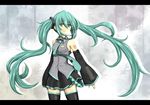  chabo commentary_request detached_sleeves green_eyes green_hair hatsune_miku long_hair necktie skirt solo thighhighs twintails very_long_hair vocaloid 