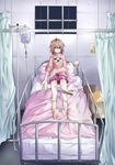  absurdres ass_visible_through_thighs bad_anatomy bad_id bad_pixiv_id bed braid brown_hair highres hospital intravenous_drip kneehighs knife madotsuki notebook open_eyes open_mouth pillow pink_shirt purple_skirt red_eyes sakakidani shirt skirt solo twin_braids yume_nikki 