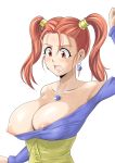  1girl areola_slip areolae breasts dragon_quest dragon_quest_viii earring jessica_albert jewelry large_breasts necklace nipple_slip nipples surprised twintails wardrobe_malfunction white_background 