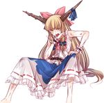  annoyed bad_id bad_pixiv_id belt blonde_hair face homura_(aristocrat-y) horns ibuki_suika sitting solo touhou wrist_cuffs yellow_eyes 