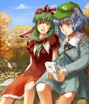  blue_eyes blue_hair blue_sky blush bow day front_ponytail game_boy green_eyes green_hair hair_bobbles hair_bow hair_ornament handheld_game_console hat kagiyama_hina kawashiro_nitori key long_sleeves multiple_girls open_mouth outdoors playing_games sitting sky touhou tree two_side_up uruo 