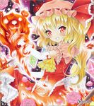  ayuayu bad_id bad_pixiv_id blonde_hair blush burning elbow_gloves fang fire flandre_scarlet flower gloves hat lace looking_at_viewer marker_(medium) open_mouth petals pink_flower pink_rose red_eyes rose sample side_ponytail skirt skirt_lift smile solo sparkle stuffed_animal stuffed_toy teddy_bear touhou traditional_media 