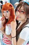  2_girls 2girls asian blue_eyes brown_hair chamaro cosplay drink drinking glasses hairband long_hair makinami_mari_illustrious multiple_girls neon_genesis_evangelion orange_hair photo shikinami_asuka_langley smile solo soryu_asuka_langley souryuu_asuka_langley straw 