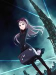  aqua black_legwear boots bow cityscape dress gloves goggles goggles_on_head grey_hair high_heels highres kazuoki long_hair long_sleeves megastructure open_mouth original pantyhose petticoat purple_eyes shoes solo space_elevator spotlight suitcase 