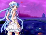  1girl blue_eyes blush cloud cthulhu cthulhu_mythos deep_one dress ikamusume island looking_at_viewer looking_back lovecraft ocean open_mouth outdoors port shinryaku!_ikamusume sky smile tentacle_hair 