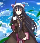  ahoge bad_id bad_pixiv_id black_hair blush book bow chain cloud collar dalian dantalian_no_shoka day dress hair_bow hair_ornament hair_ribbon headdress large_bow lock long_hair nora_(gurimu000) red_eyes ribbon sky solo standing very_long_hair 