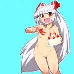  bow cake fire food fujiwara_no_mokou gomi_ichigo hair_bow hair_ribbon long_hair no_pussy nude red_eyes ribbon silver_hair solo touhou white_hair 