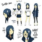  blue_hair buruma casual character_sheet commentary english facial_hair glasses gym_uniform hair_ornament hairpin leggings long_hair meme meryl_santos mustache original panties personification pun scarf school_uniform skirt striped striped_panties troll_face trolling tumblr underwear 