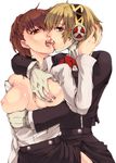  aegis_(persona) arabiki_koshou blonde_hair blue_eyes breast_grab breasts brown_eyes brown_hair couple face female_protagonist_(persona_3) gloves grabbing hands highres kiss large_breasts lips multiple_girls nipples open_clothes open_shirt persona persona_3 persona_3_portable saliva shirt tongue yuri 