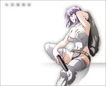  bare_shoulders belt breasts cleavage ghost_in_the_shell ghost_in_the_shell_stand_alone_complex gun jack_(haist) jacket kusanagi_motoko large_breasts leotard purple_hair red_eyes short_hair solo thighhighs weapon 