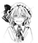  bad_id bad_pixiv_id clenched_teeth crying crying_with_eyes_open face greyscale grimace hat monochrome remilia_scarlet short_hair solo tears teeth touhou zatoukujira 