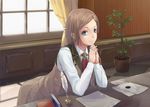  akino_komichi atelier_(series) atelier_rorona bad_id bad_pixiv_id brown_hair esty_erhard green_eyes hair_ornament hairclip leaning_forward paper short_hair smile solo very_short_hair 