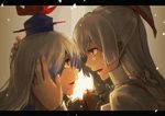  blue_hair bow eye_contact face-to-face forehead-to-forehead fujiwara_no_mokou hair_bow hair_ribbon hand_on_head hat holysnow kamishirasawa_keine letterboxed lips long_hair looking_at_another multicolored_hair multiple_girls open_mouth profile red_eyes ribbon silver_hair touhou two-tone_hair 