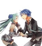  1girl aqua_hair bad_id bad_pixiv_id blue_hair closed_eyes couple earrings elbow_gloves flower formal gloves hair_flower hair_ornament hatsune_miku hetero irono_(irtyu) jewelry kaito long_hair music necktie open_mouth simple_background singing skirt thighhighs twintails very_long_hair vocaloid 