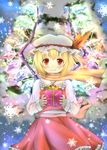  alternate_wings bell blonde_hair bunchou_(bunchou3103) fingernails flandre_scarlet gift glowing hat highres jingle_bell light long_fingernails looking_at_viewer nail_polish red_eyes red_nails scarf short_hair slit_pupils snowflakes solo sparkle touhou wings 
