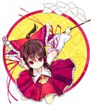  ascot bad_id bad_pixiv_id bow brown_hair circle face from_above gohei hair_bow hair_ribbon hakurei_reimu homura_(aristocrat-y) looking_up ofuda ponytail red_eyes ribbon solo touhou 