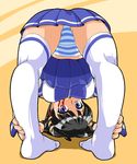  ass bent_over black_hair blue_eyes blue_skirt contortion flexible kneepits os-tan panties skirt solo striped striped_panties thighhighs toushi_ryoku underwear upskirt white_legwear xp-tan 