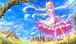  blonde_hair brown_eyes dress elbow_gloves fantasy field gloves grass hat highres kazeno long_hair original solo tree twintails very_long_hair wind 