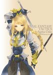  agrias_oaks armor blonde_hair blue_eyes braid female final_fantasy final_fantasy_tactics gloves gradient gradient_background long_hair pants sheath single_braid solo sword tooka weapon 