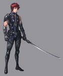 armor bad_id bad_pixiv_id full_body katana lapucelle_(arasoo1210) male_focus muscle original red_eyes red_hair solo sword weapon 