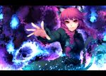  animal_ears blue_fire bow braid cat_ears cat_tail fire foreshortening ghost hair_bow hands irohara_mitabi kaenbyou_rin letterboxed multiple_tails nekomata outstretched_arm outstretched_hand red_eyes red_hair short_hair skull solo tail touhou twin_braids twintails wallpaper 