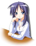  arm_support blue_eyes blush breasts cleavage hand_on_own_cheek hiiragi_miki long_hair looking_at_viewer lucky_star mature purple_hair rindou_(awoshakushi) shirt small_breasts solo white_background 